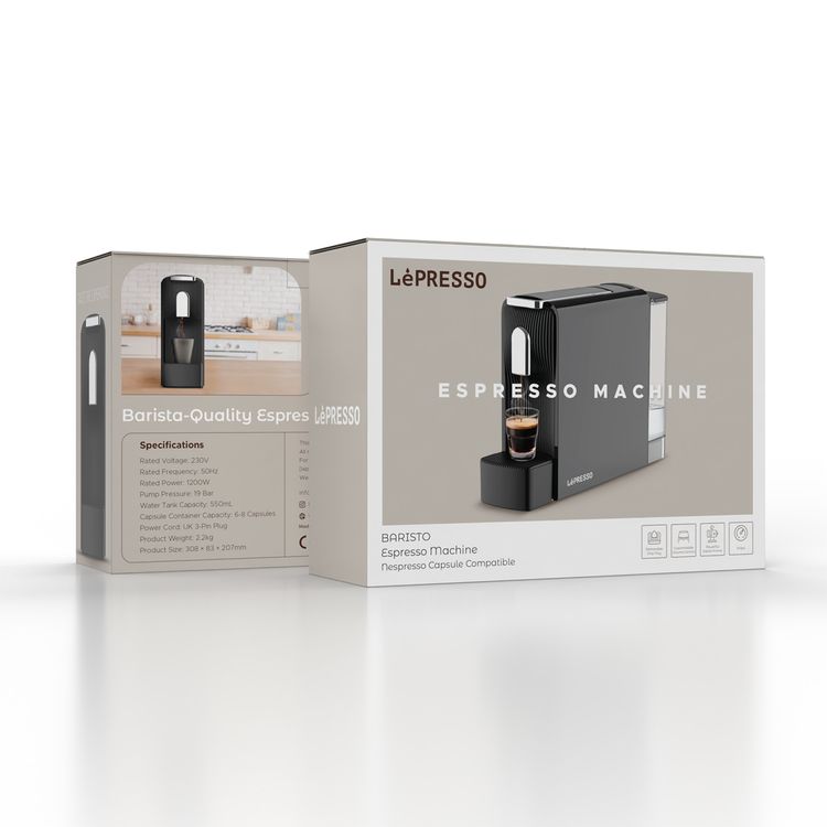 LePresso Baristo Espresso Machine with Powerful Italian Pump, 550mL Water Tank Capacity, 1200W Rated Power, Customizable Volume Control, Removable Drip Tray, Compatible with Nespresso Capsules - Black