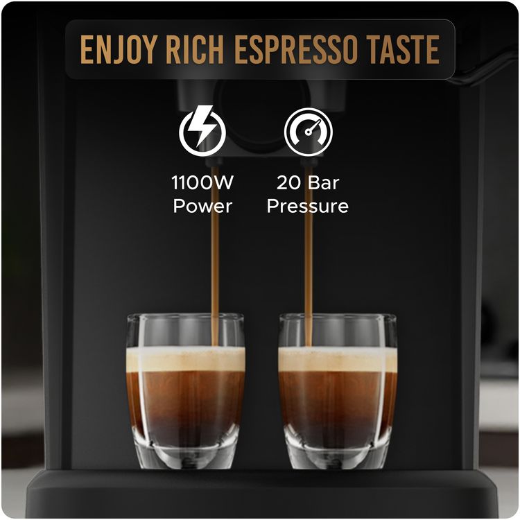 LePresso Suprema Espresso Machine, Minimal Device, Two Cups Dual, Touch Display, Nespresso Compatible, Milk Steamer, Intuitive Screen, 1.2L Water Tank Capacity, 1100W Power Rate - Black