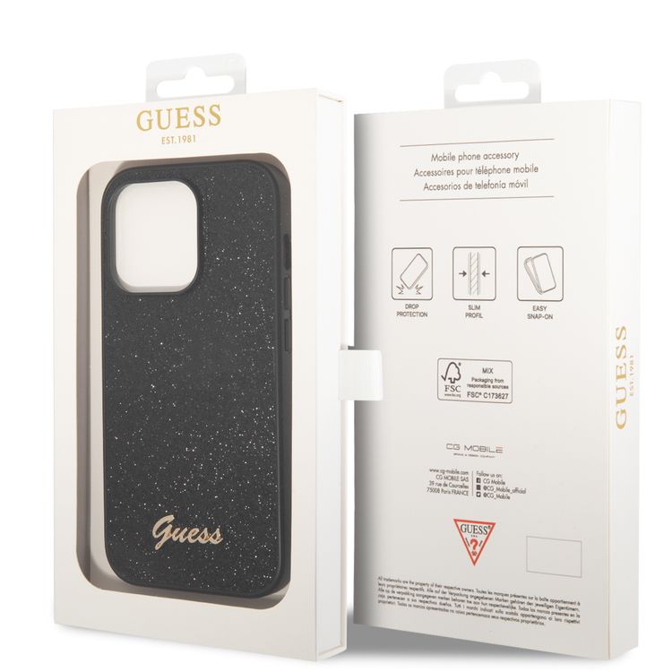 Guess PC/TPU Glitter Flakes Case with Script Metal Logo iPhone 14 Pro Compatibility - Black