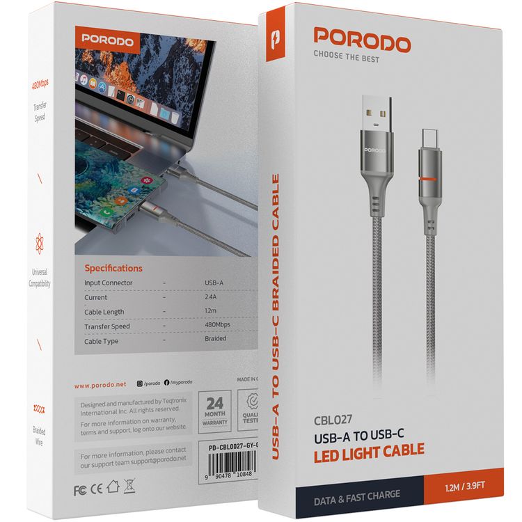 Porodo USB-A to USB-C LED Light Cable with 2.4A Current, 480Mbps Transfer Speed, 1.2m Cable Length, Fast Charging & Data Transfer, Braided Wire - Gray