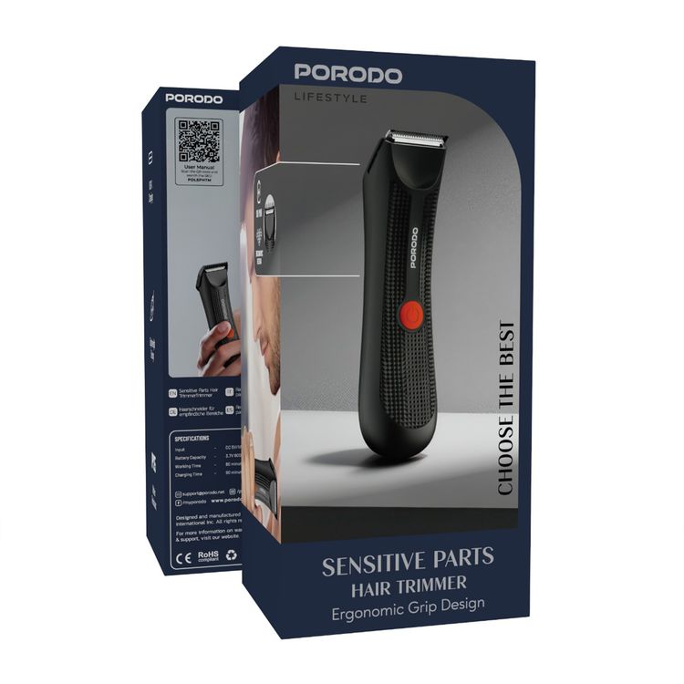 ماكينة قص الشعر Porodo Lifestyle Sensitive Parts، سعة بطارية 3.7 فولت 600 مللي أمبير، وقت عمل 80 دقيقة، وقت شحن 90 دقيقة، مقبض مريح غير قابل للانزلاق، مقاومة للماء IPX5 - أسود