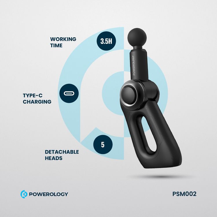 Powerology Fullbody Massage Gun with 5 Detachable Heads, 2000mAh Battery Capacity, 3.5 Hours Working Time, - Black