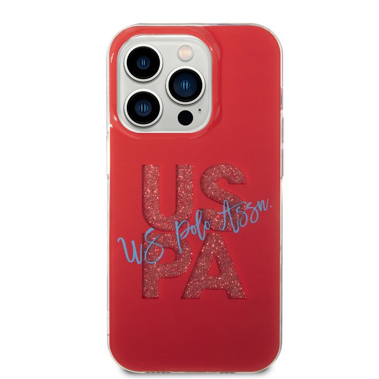 يو اس بولو أسن. حافظة بطاقة IML Glitter Script لهاتف iPhone 15 Pro Max - أحمر