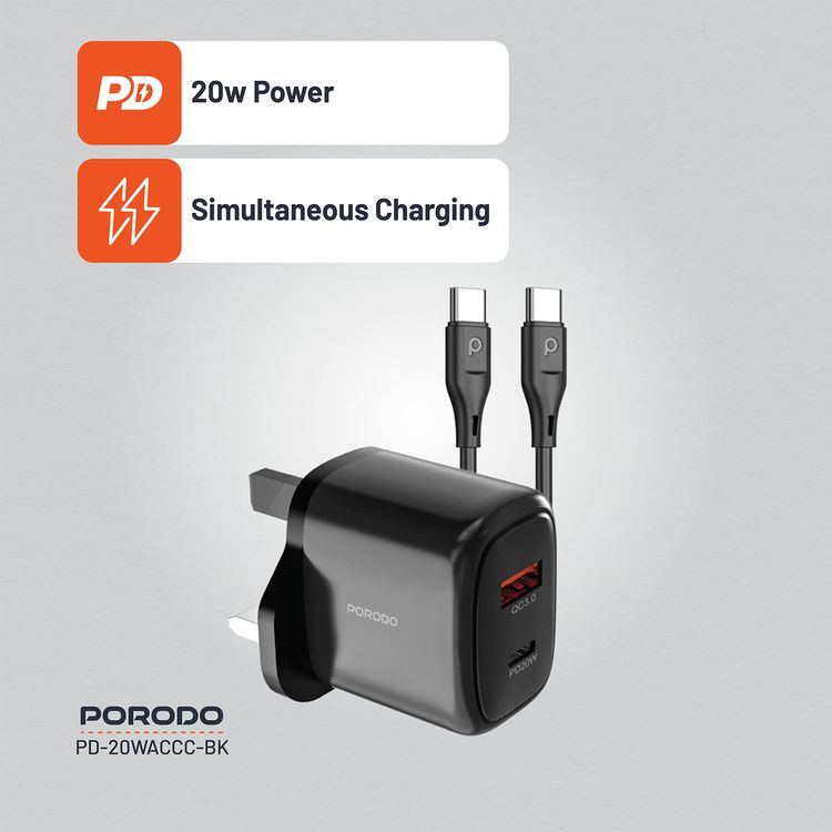 Porodo Dual Output Quick Charger with Type-C to Type-C Cable, 20W Power Delivery, QC 18W, UK 3-Pin Plug, Simultaneous Charging, Universal Compatibility - Black