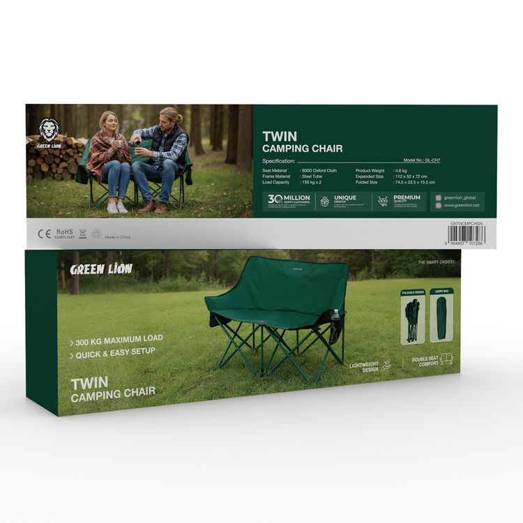 Green Lion Twin Camping Chair with Steel Tube, 600D Oxford Cloth, Easy to Clean, 150 kg x2 Load Capacity, Tear Resistant, Soft & Comfortable, Space-Saving Design, Durable Construction - Green