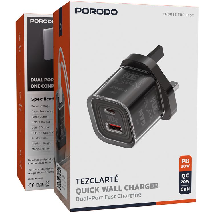 Porodo TEZCLARTÉ Quick Wall Charger with Dual Port Fast Charging, Flame Retardant Housing, Transparent Design, PD 30W USB-C Output, QC 20W USB-A Output - Black 