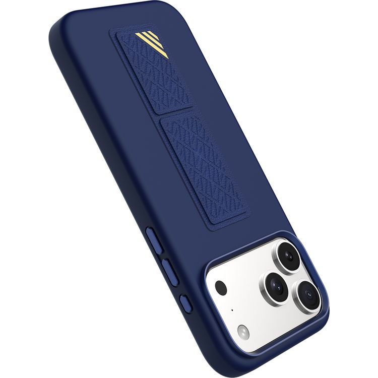 حافظة Levelo Morphix Silicone GripStand لهاتف iPhone 17 Pro، مشاهدة دون استخدام اليدين، بطانة داخلية من الألياف الدقيقة الحقيقية، حامل أفقي وعمودي، ممتص للصدمات، حواف مرتفعة للكاميرا والشاشة، تصميم نحيف - باللون الأزرق الداكن.