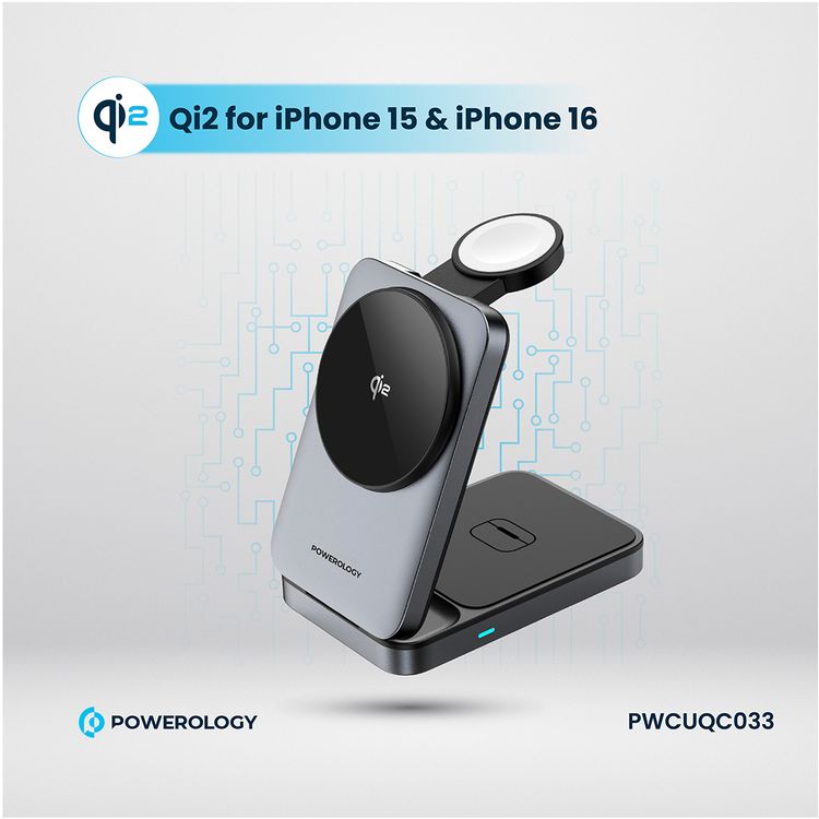 Powerology 3-in-1 Foldable Wireless Magnetic Charging Hub, Fast Charging, Multi-Device, Horizontal & Vertical View, Type-C Input Interface, Lightweight & Portable, Qi2 for iPhone 15 & 16, 15W Magsafe Power, 2.5W Watch Power, 5W Earbuds Power, 9V/3A & 12V3A Input, Foldable Design - Black