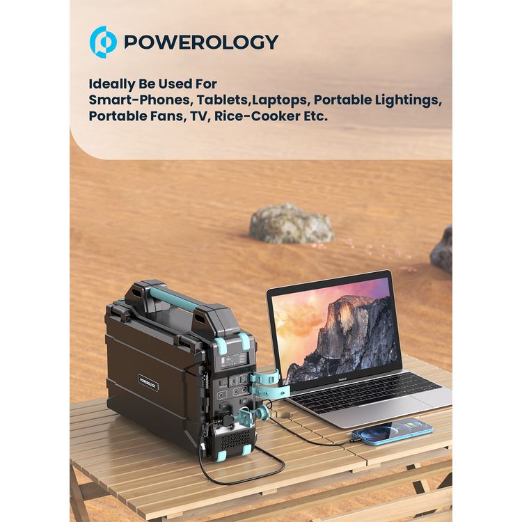 Powerology 76800mAh 300W Portable Power Generator Integrated Solar Panel, 18W QC 3.0, PD 60W, Car Charger Output 10A, 60W Type-C Input - Black