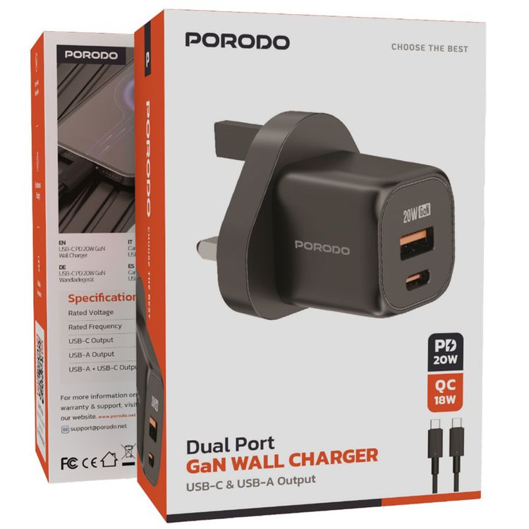 Porodo Dual Port Wall Charger with USB-C to USB-C Cable, Over-Heat Protection, Simultaneous Charging, Reliable Companion - Black