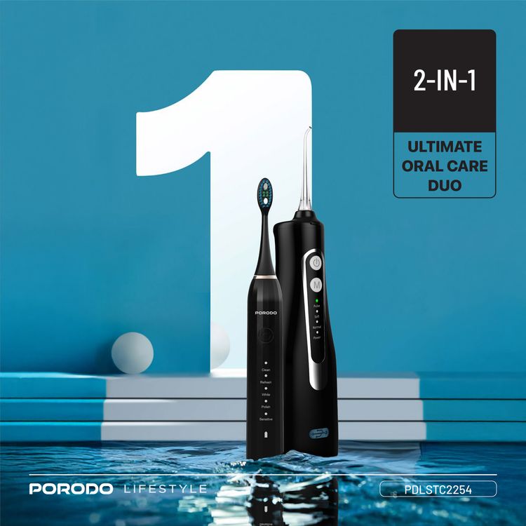 Porodo Ultimate Oral Care Duo Electric Toothbrush with Water Flosser Combo, 1200mAh Electric Toothbrush Battery Capacity, 2 Hours Electric Toothbrush Charging Time, 2 Months Electric Toothbrush Working Time, 300mL Water Flosser Water Tank Capacity, High-Pressure Water Flosser - Black