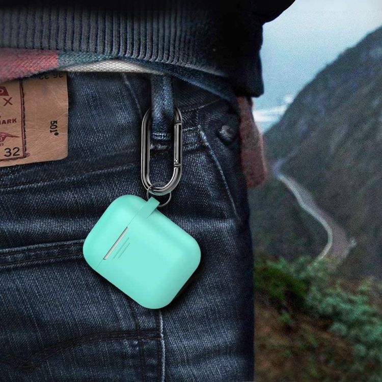 AhaStyle Keychain Silicone Case with Anti-Lost Ring for AirPods 1/2 Generation, Drop Resistant, Dustproof and Absorbing Protective Cover with Hang Case Mint Green