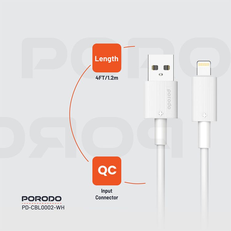 كابل USB A إلى Lightning PVC من Porodo، 480 ميجابايت في الثانية، تيار 2.4 أمبير، عمر افتراضي يزيد عن 15000 ثنية، طول الكابل 1.2 متر، خالٍ من التشابك - أبيض