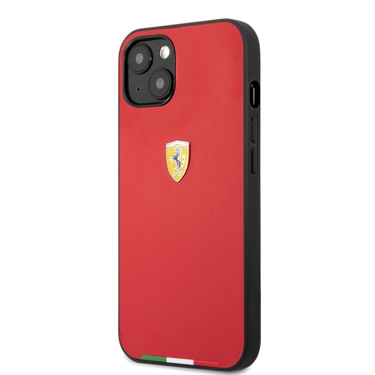 Ferrari Hard Case PU Smooth & Italian Flag Line Metal Logo For iPhone 13 Mini (5.4") - Red