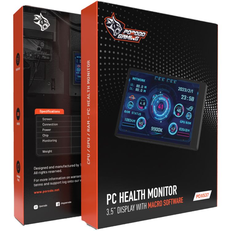 Porodo Gaming Mini PC Health Monitor with Aluminum Frame, Macro Software, 3M Adhesive, Plug & Play, 3.5 Inches IPS Screen, USB to Type-C Connection, CH552T Chip - Black 