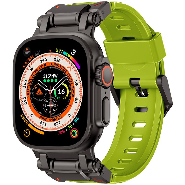 Levelo Kyoto Watch Strap, Apple Watch SE 9/8/7/6/5 (46/49mm), Fluoro Rubber & Stainless Steel Finish, Chemical Resistance, Hypoallergenic, 24/7 Wearability - Acid Green