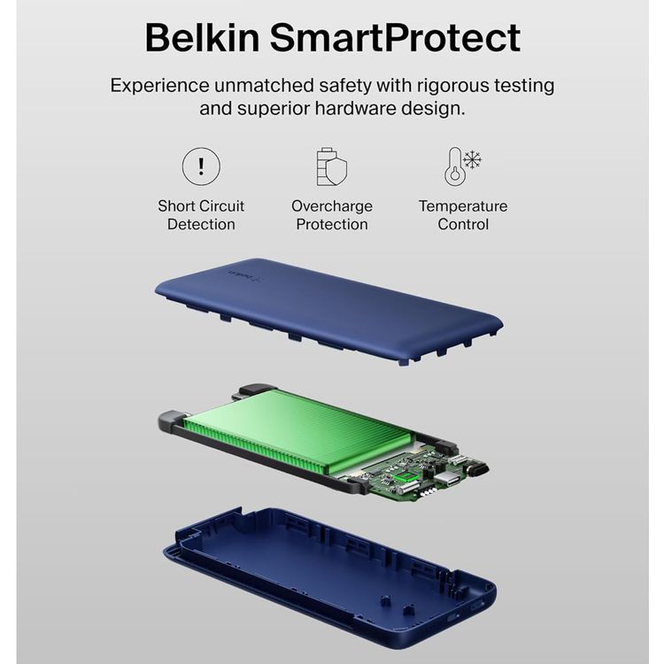 Belkin Boost Charge Plus Power Bank 10000mAh with Built-in Type-C to Lightning Cable, 23W Total Output, Short-Circuit Protection, Temperature Control, Overcharge Protection - Blue