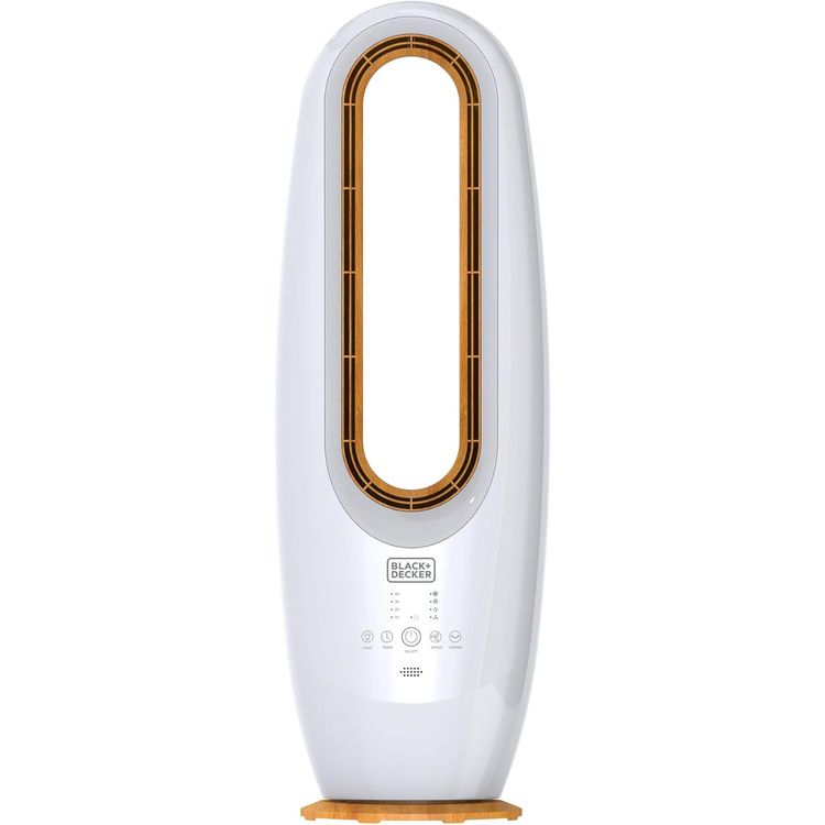 Black+Decker 2 in 1 Bladeless Fan, 85cm with 70W Tropical Motor, Cool-White LED Lamp, 60° Wide Oscillation, Low Noise, Remote Control, Wooden Trim, Covers 40m² – White