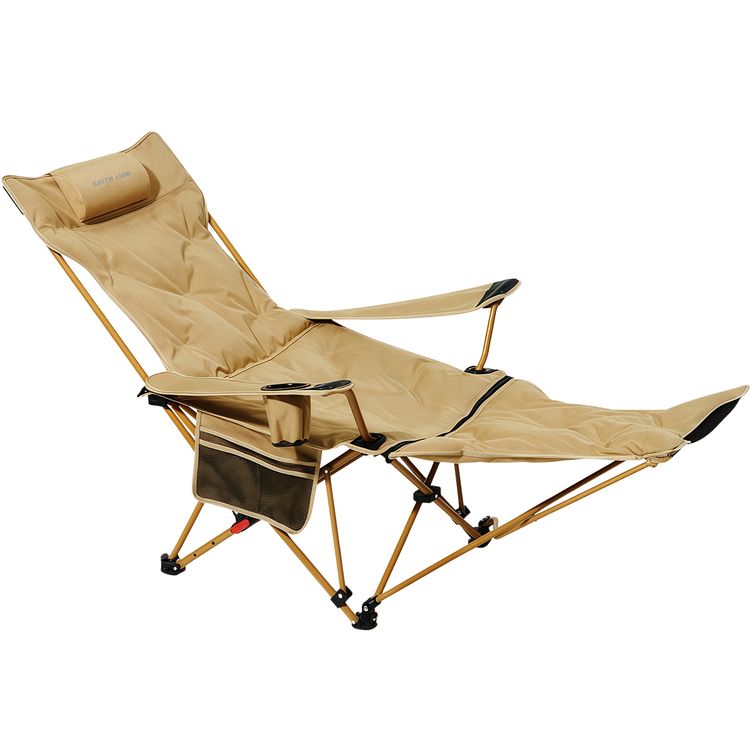 Green Lion Vestro Camping Chair with Anti-Slip Base, Removable Footrest, Lightweight Design, Wear-Resistant Fabric, Side Storage Pocket, Built-in Cup Holder, 120kg Load Capacity - Beige