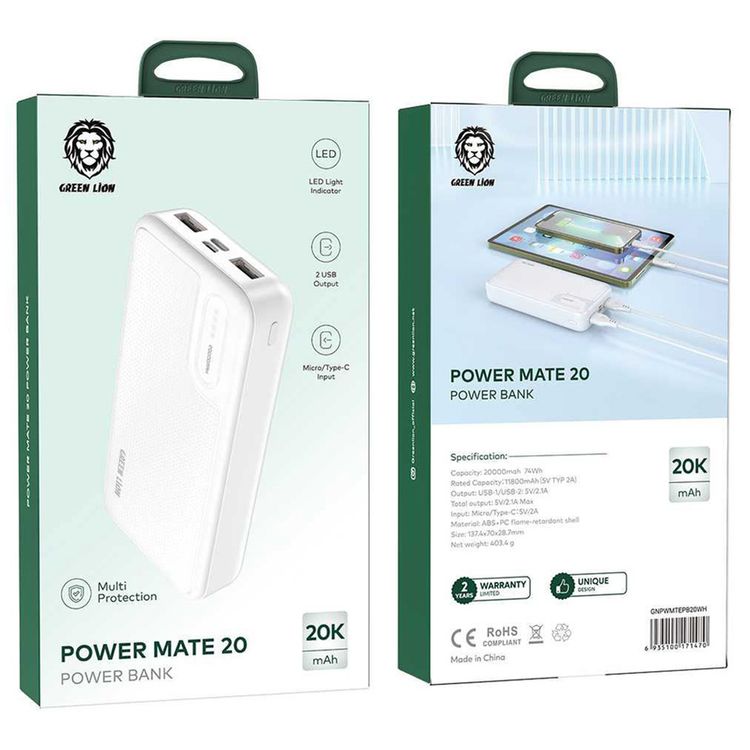 Green Lion Power Mate 20000mAh Power Bank with ×2 USB-A Output Ports, Micro & Type-C Input Ports, ABS+PC Material, Multi Protection, LED Light - White