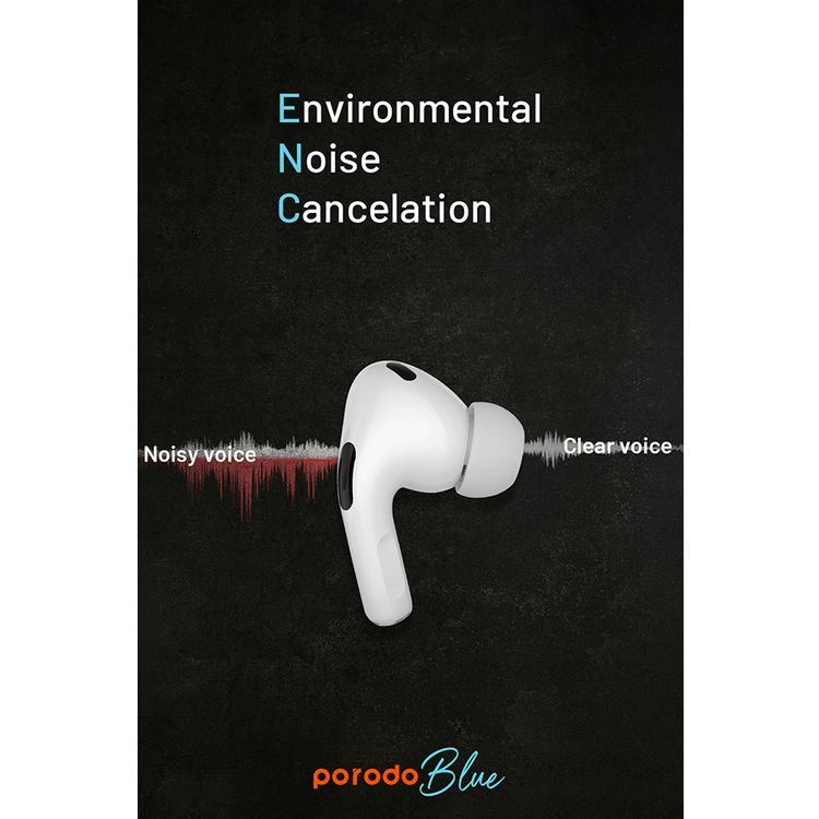 Porodo Blue AirPods Pro2 with Screen, Deep Bass, Touch Control, Camera Shutter, Music Playback, Call Management, 20 Hours Working Time, 1.47 inches Screen size - White