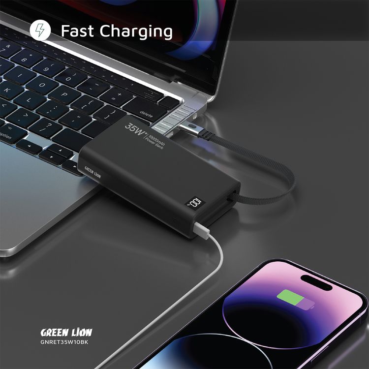 باور بانك جرين لايون 10000mAh قابل للسحب بقدرة 35W، مع شاشة LED، طول الكابل 75 سم، منفذ Type-C، دعم الشحن السريع - أسود