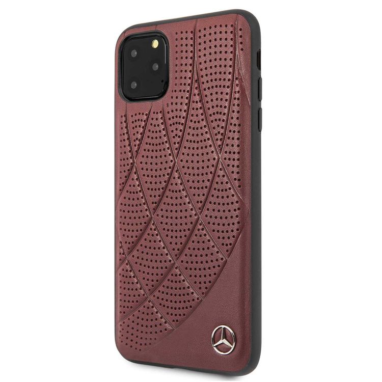 Mercedes-Benz Hard Case Quilted Perforated Genuine Leather For iPhone Pro Max - Burgundy