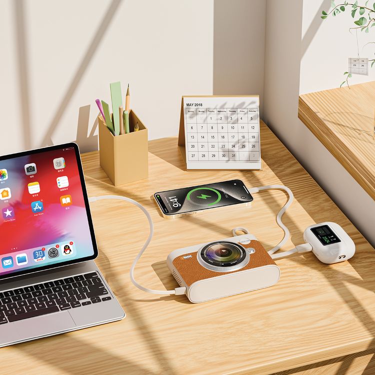 Green Lion All-in-1 10000mAh Power Bank with PD20W Fast Charging, 1.53" IPS Touchscreen, Built-in Speaker, Clear Mic Calls, Built-in Cables, 10 Hours Playtime - Brown