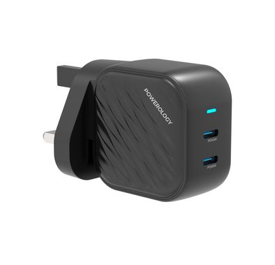 Powerology GaN Dual-USB-C Wall Charger with 45W Power Delivery, Built-in Safeguards, Universal Compatibility, 1.5A Rated Current, AC 100-240V Rated Voltage - Black