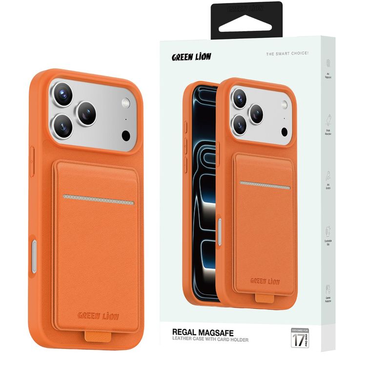 Green Lion Regal MagSafe Leather Case with Card Holder for iPhone 17 Pro Max, Anti-Fingerprint, Foldable Stand, Camera Protection, Comfortable Grip, Anti-Scratch, Shock Absorption - Orange