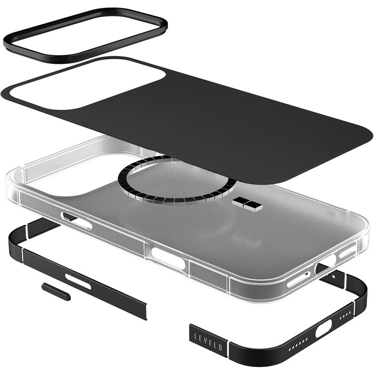 Levelo Mia MagSafe Hybrid Case for iPhone 17 Pro Max, N52 Strong Magnets, Matte Silicone Texture Material, Frosted Clear Design, 1.5m Drop Tested, Aluminum Alloy Frame for Camera & Edges, Non-Slip Texture, Comfortable Grip, Shock-Resistant Bumper - Phantom Black