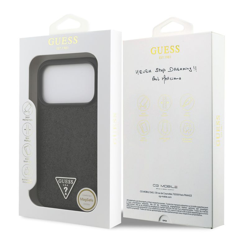 Guess MagSafe PU Leather Fixed Glitter Case with Triangle Logo for iPhone 17 Pro, Slim Profile, Easy Snap-On, Sustainable Packaging, Comfortable Grip, Drop Protection, Lightweight Design - Black