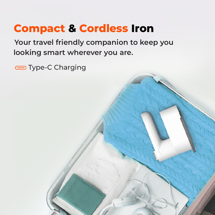 Porodo Lifestyle Heatpulse Portable Steam Iron with Ultrasonic Steam Generator, Type-C Charging Port, Adjustable Temperature Level, 40 Minutes Continuous Ironing, 5200mAh Battery Capacity - White