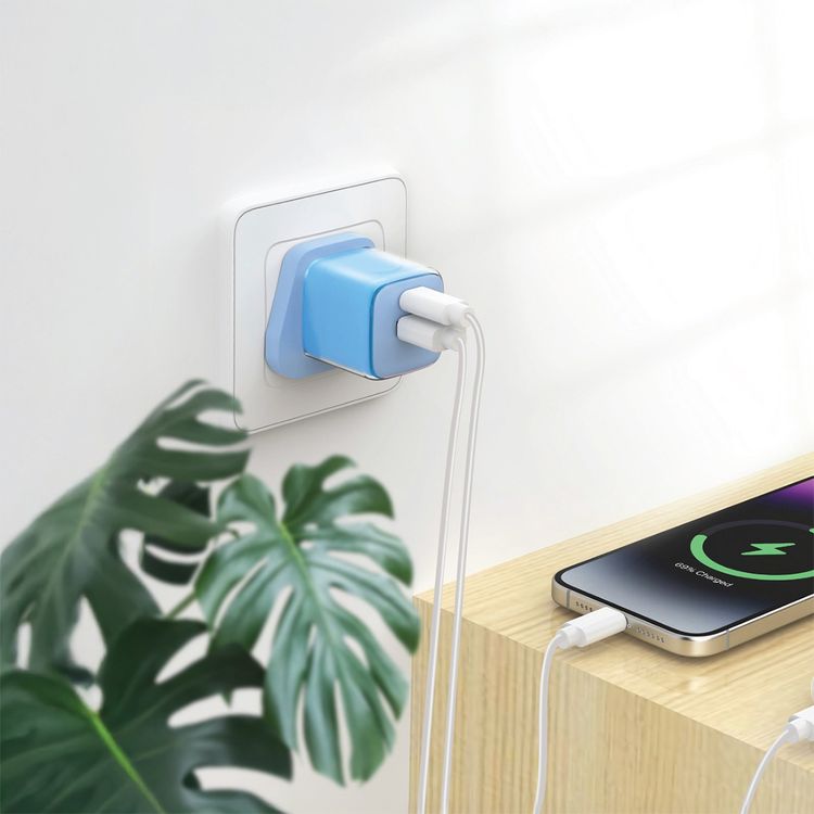 Green Lion Reva Dual Port Wall Charger with Fast Charge Support, 20W Power Delivery, 18W USB-A Output, Flame-Retardant Material, Multi-Device Charging, Built-in Safeguard - Blue