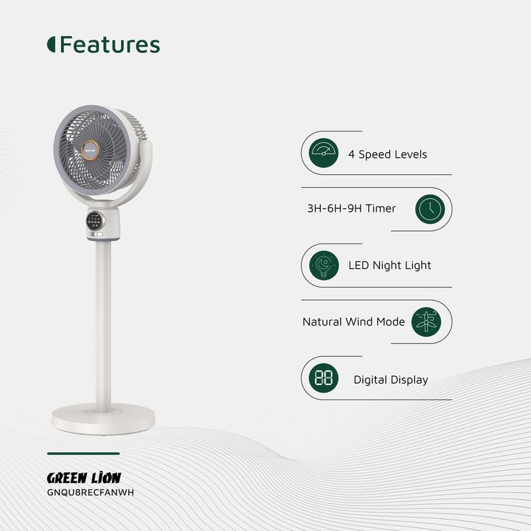 Green Lion Quad Flex Fan with Precision 4-Height Lock, Digital Display, Removable Windshield, Lightweight Design, Natural Wind Mode, Remote Control, LED Night Light, 4-8 Hours Working Time - White 