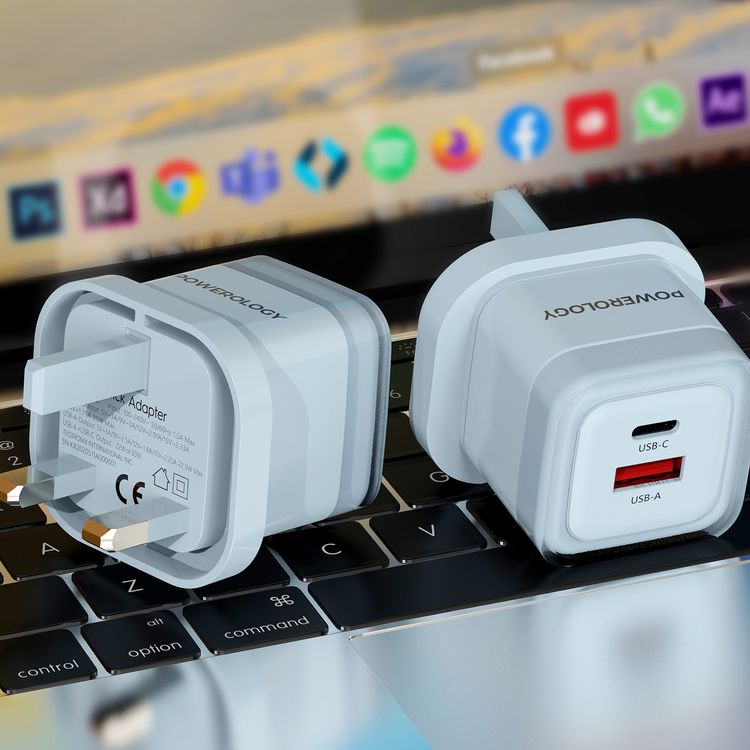 Powerology Lunex Dual-Port Fast Charging Adapter with USB-C & USB-A Ports, 35W Power Delivery, 22.5W USB-A Output, UK 3-Pin Plug, Universal Protocol Support, Multi-Device Charging - Blue