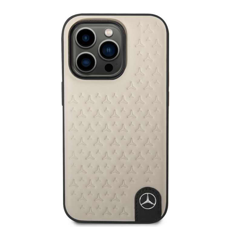CG MOBILE Mercedes-Benz Genuine Leather Case With Star Pattern, Compatible w/ 14 Pro (6.1") Protective Cover, Scratch & Drop Protection, Wireless Charger Compatibility - Grey