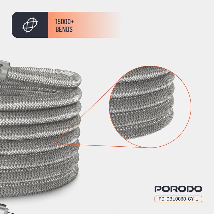 Porodo Type-C to Lightning Magnetic Braided Cable with 30W Power Delivery, 1.2m Cable Length, More than 15,000 Bends Lifespan, Tangle-Free Design - Gray