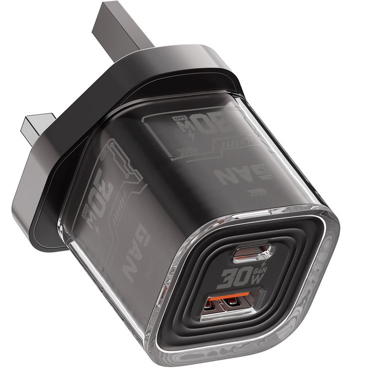 Porodo TEZCLARTÉ Quick Wall Charger with Dual Port Fast Charging, Flame Retardant Housing, Transparent Design, PD 30W USB-C Output, QC 20W USB-A Output - Black 