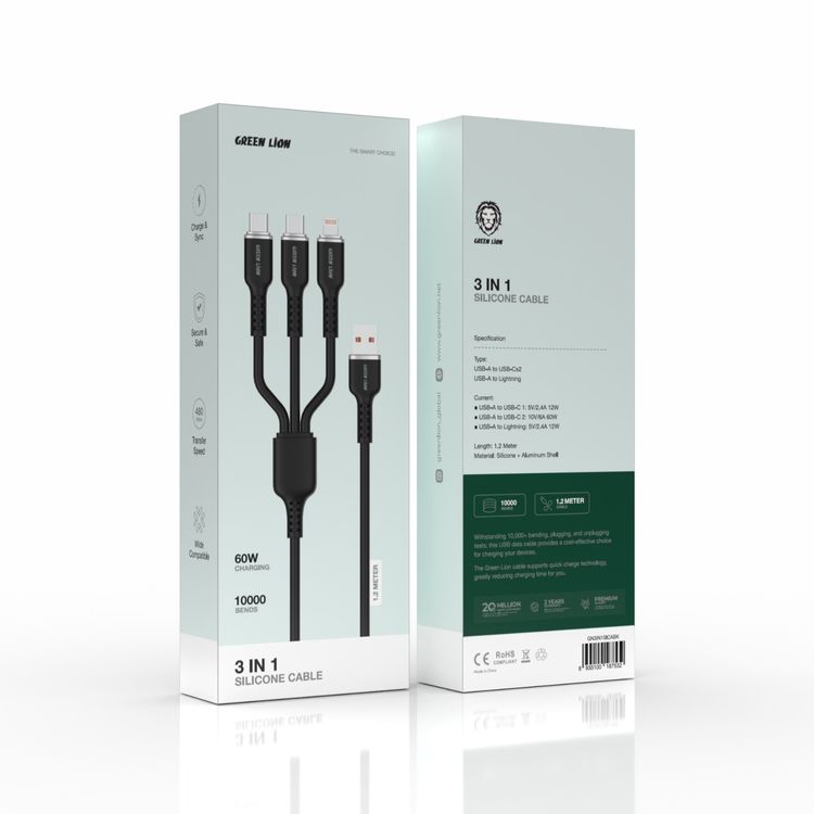 Green Lion 3in1 Silicone Cable, Charge & Sync,  1.2M, Wide Compatible, Secure & Safe - Black