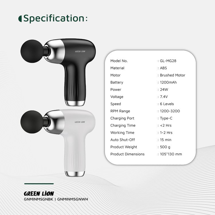 Green Lion Mini Massage Gun with 4 Massage Heads & 6 Speed Levels, ABS Material, Up to 2 Hours Working Time, Auto Shut-Off Function, 1200-3200 RPM Range, 24W Power, Brushed Motor, 1200mAh Battery - Black