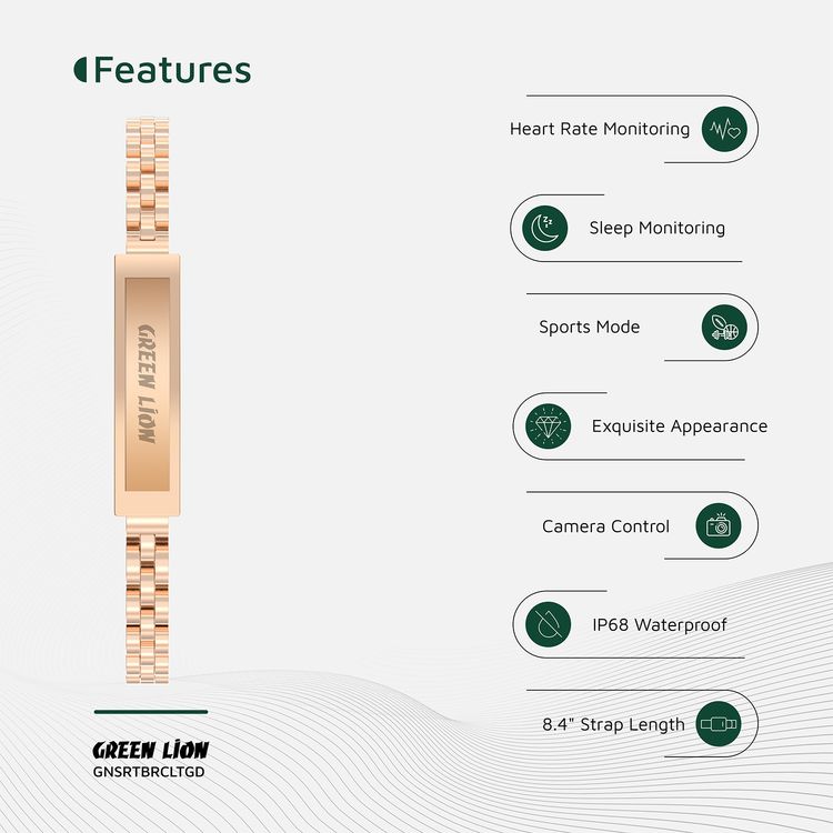Green Lion Smart Bracelet Zinc Alloy Case with Heart Rate & Sleep Monitoring, Camera Control, 5 Days Working Time, Waterproof, 16mAh Battery Capacity, Bluetooth 5.1 - Gold