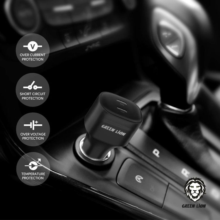 Green Lion Dual Port USB-C Car Charger with 45W Multi-Device Charging, Overcurrent & Short Circuit Protection, Overvoltage Protection, Fast Charging - Black