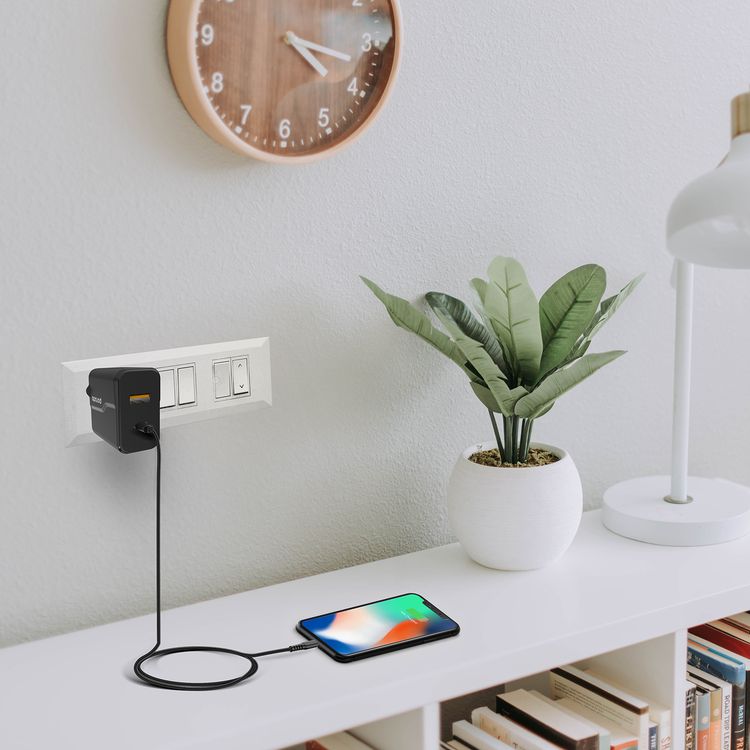 Porodo Dual Port Wall Charger with 20W Power Delivery, QC 18W, Fire Retardant Material, Overcurrent Protection, UK 3-Pin Plug, Built-in Protective Mechanisms - Black