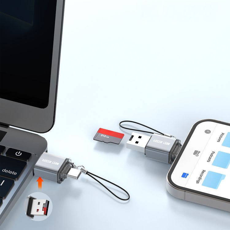 Green Lion 2-in-1 Card Reader with Supports Micro SD Cards, Wide Compatibility, Keychain Lanyard, Plug & Play, Aluminum Alloy Material, 480Mbps Transfer Speed - Gray