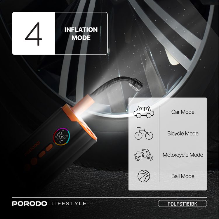 Porodo Electric Air Inflator with 150PSI High-Pressure Power, 4 Inflation Mode, 30cm Cable Length, USB-C Charging Cable, Up to 5 Hours Charging Time, Detects Air Pressure - Black