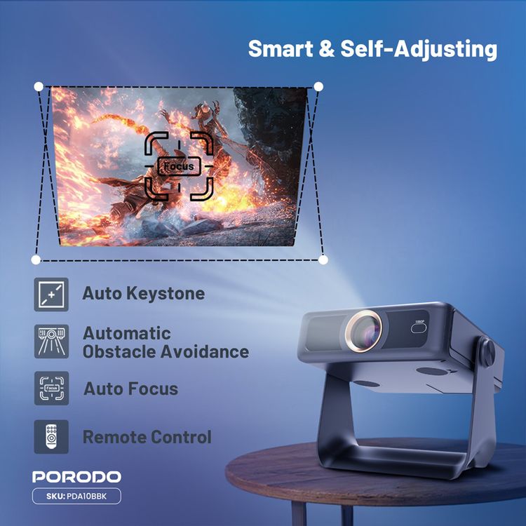 بروجكتور بورودو أوبتيفيس سمارت HD مع جهاز لوحي ذكي، تركيز تلقائي ذكي، تصحيح الانحراف التلقائي، وتجنب العقبات التلقائي.