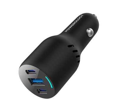 شاحن سيارة Powerology ثلاثي المنافذ 65 وات PD، QC18W، فتحة تهوية تبريد، شاحن كمبيوتر محمول