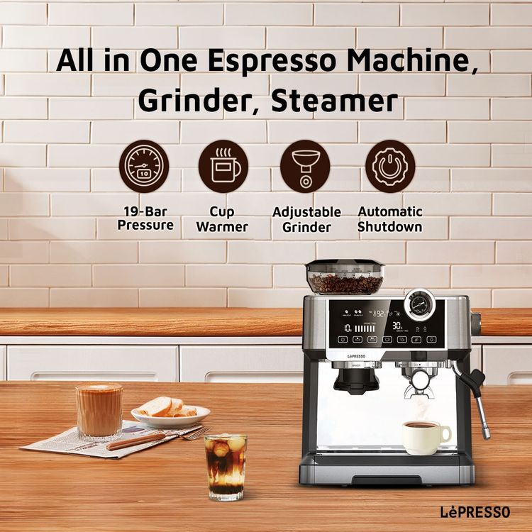 LePresso Dual Boiler Espresso Machine with Adjustable Grinder, Automatic Shutdown, Milk Frothing Nozzle, CUP Warmer - Silver
