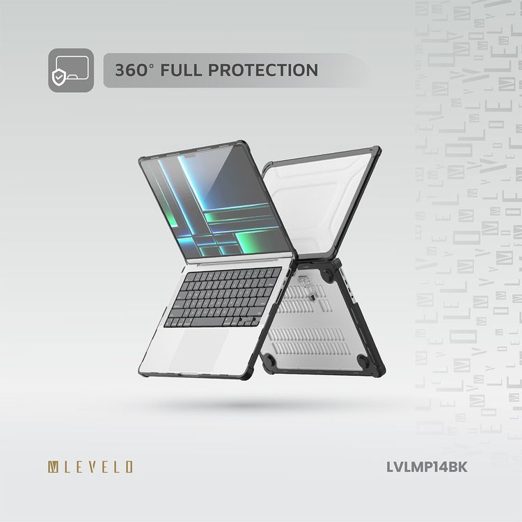 Levelo Espectro Case for MacBook Pro 14" (2021-2023), 360° Full Protection, Foldable Stand Design, Built-in Air Vents, Shock-Proof Edges, Easy Installation & Removal - Black